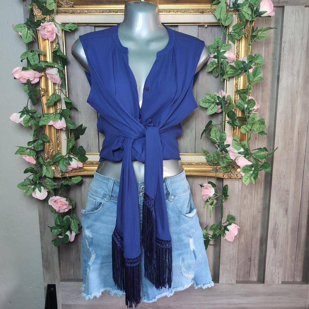 Chicos blue fringe tie festival shirt